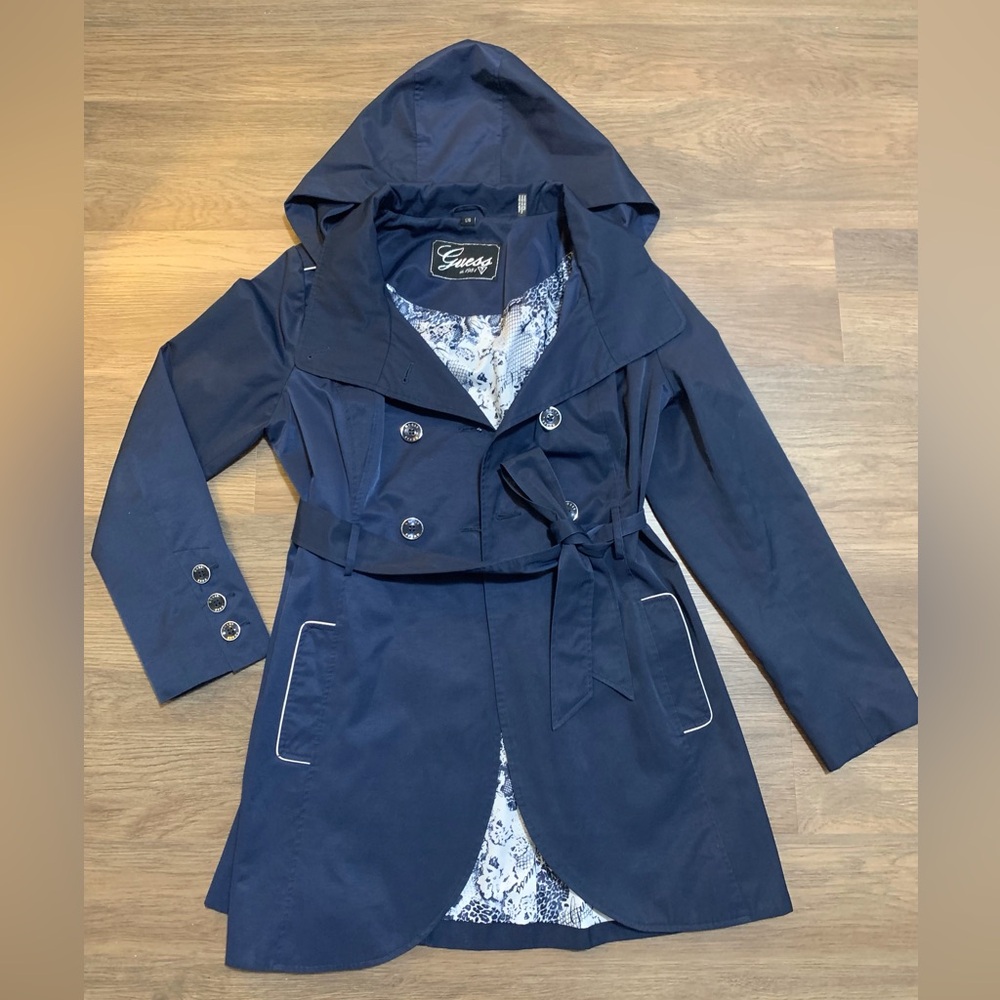 Guess Navy Blue Trench Rain Jacket size Large with removable hood